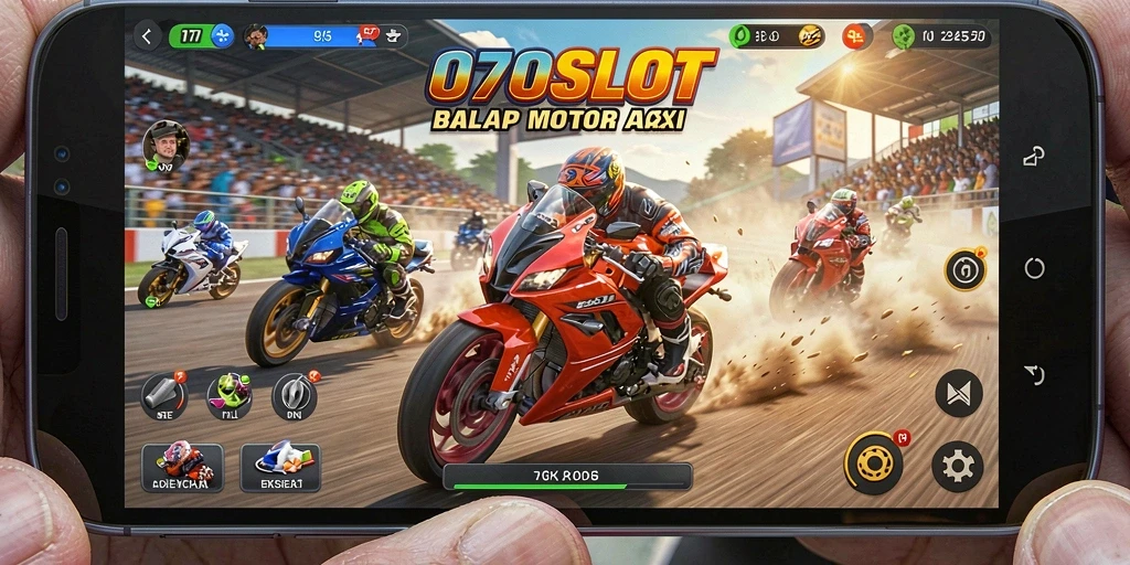 Screenshot gameplay 070SLOT menampilkan aksi balapan motor yang mendebarkan.