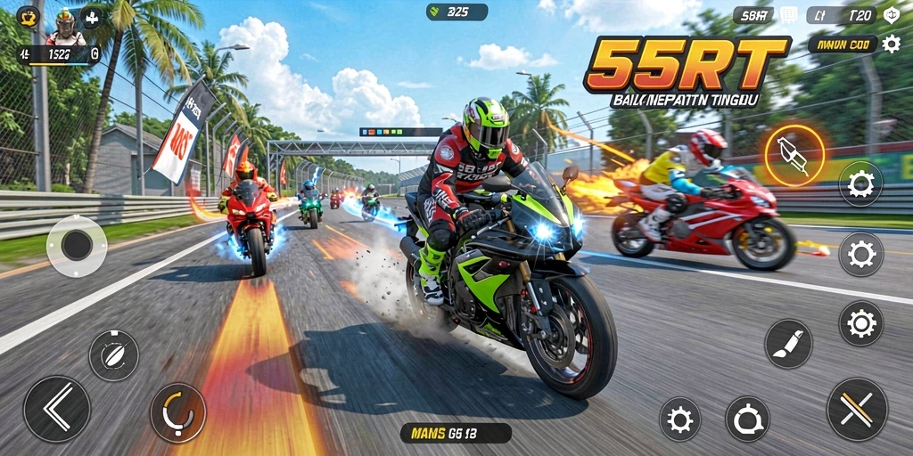 Tampilan gameplay utama 55RT dengan kecepatan tinggi dan motor balap.