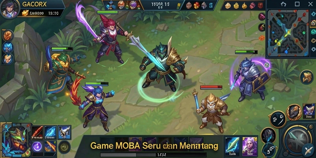 Screenshot GACORX menampilkan pertarungan intens di arena MOBA.