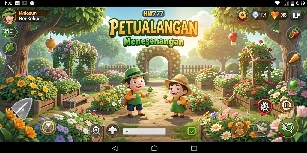 Tangkapan layar menunjukkan momen seru bermain HW777 dengan kebun yang subur.