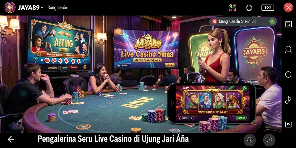 Screenshot gameplay JAYA89 menunjukkan dealer langsung dan suasana kasino yang hidup.
