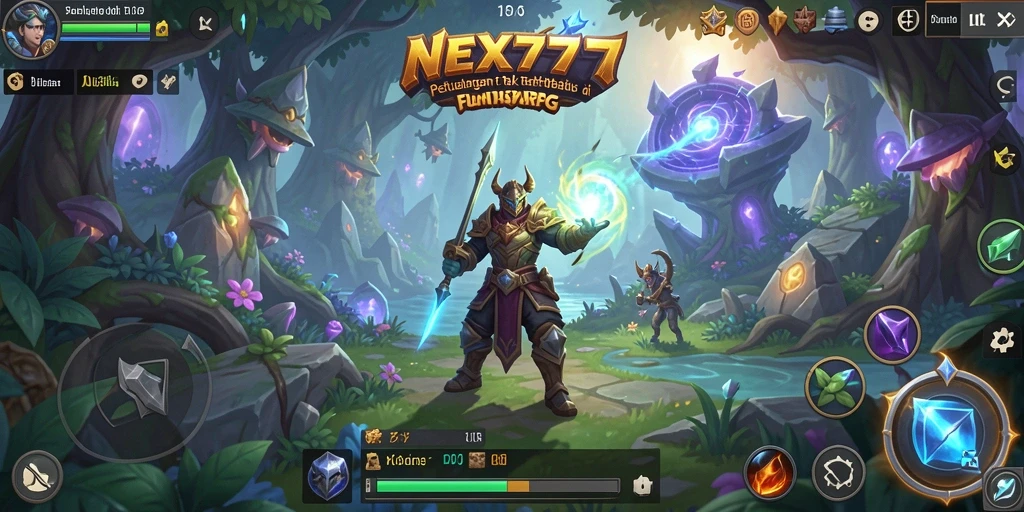Screenshot NEX777 menampilkan pertarungan epik di dunia fantasi ARPG.
