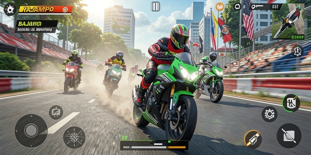 Gameplay seru RAJAMPO dengan balapan sepeda motor yang kompetitif.