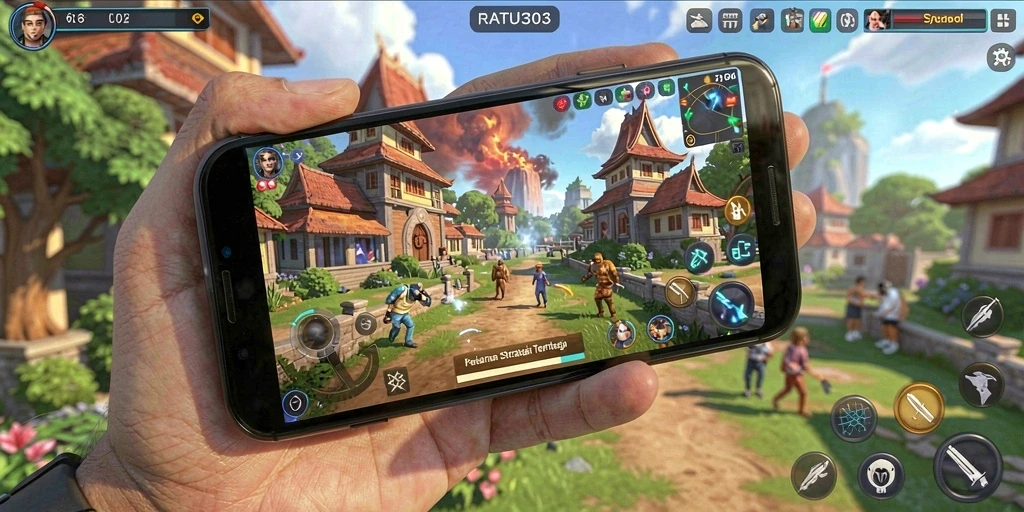Tangkapan layar gameplay dinamis dari RATU303 yang menunjukkan pertempuran strategi.